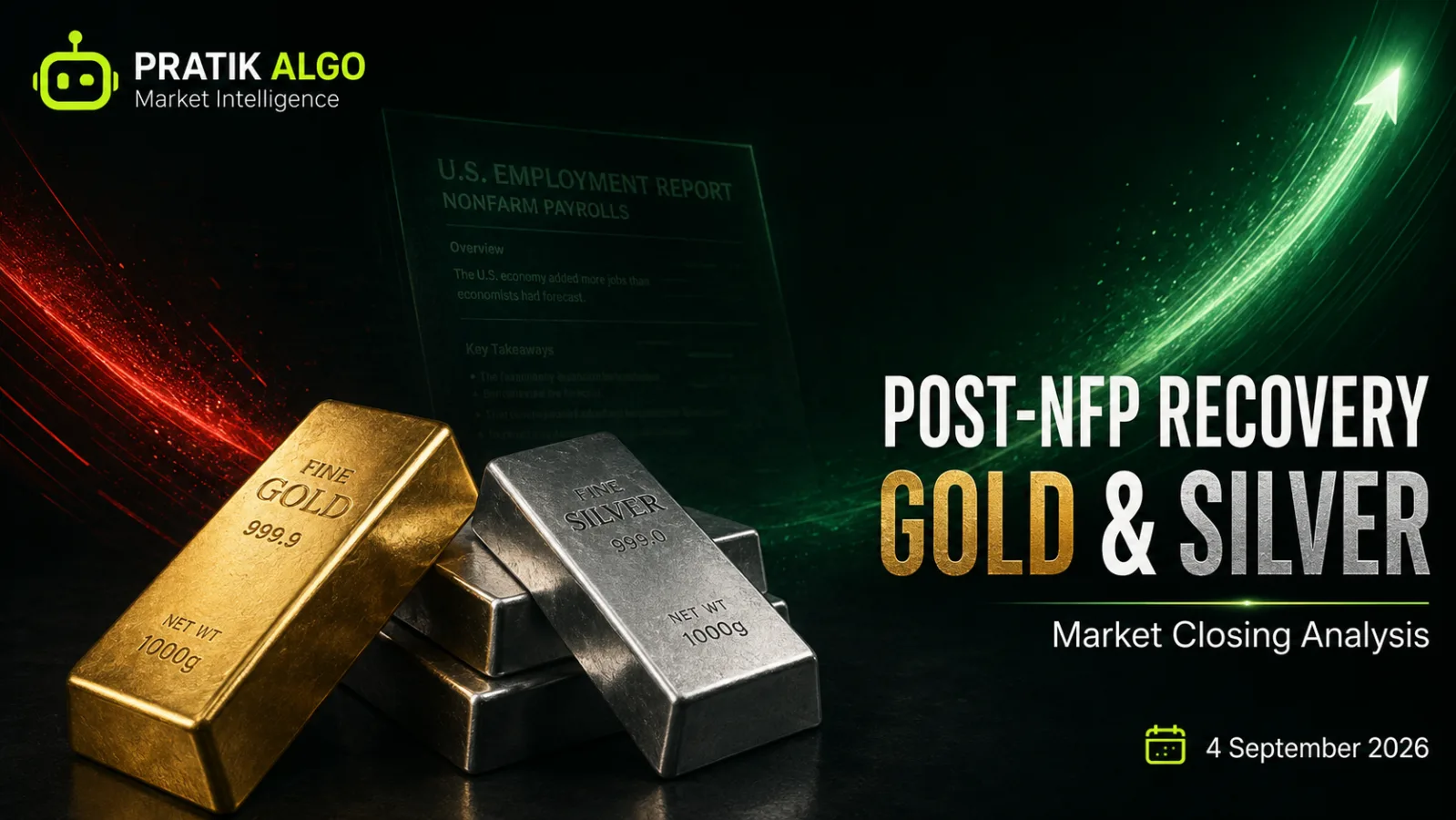 Gold and Silver post-NFP market closing analysis showing XAUUSD and XAGUSD recovery, support and resistance levels for 4 September 2026