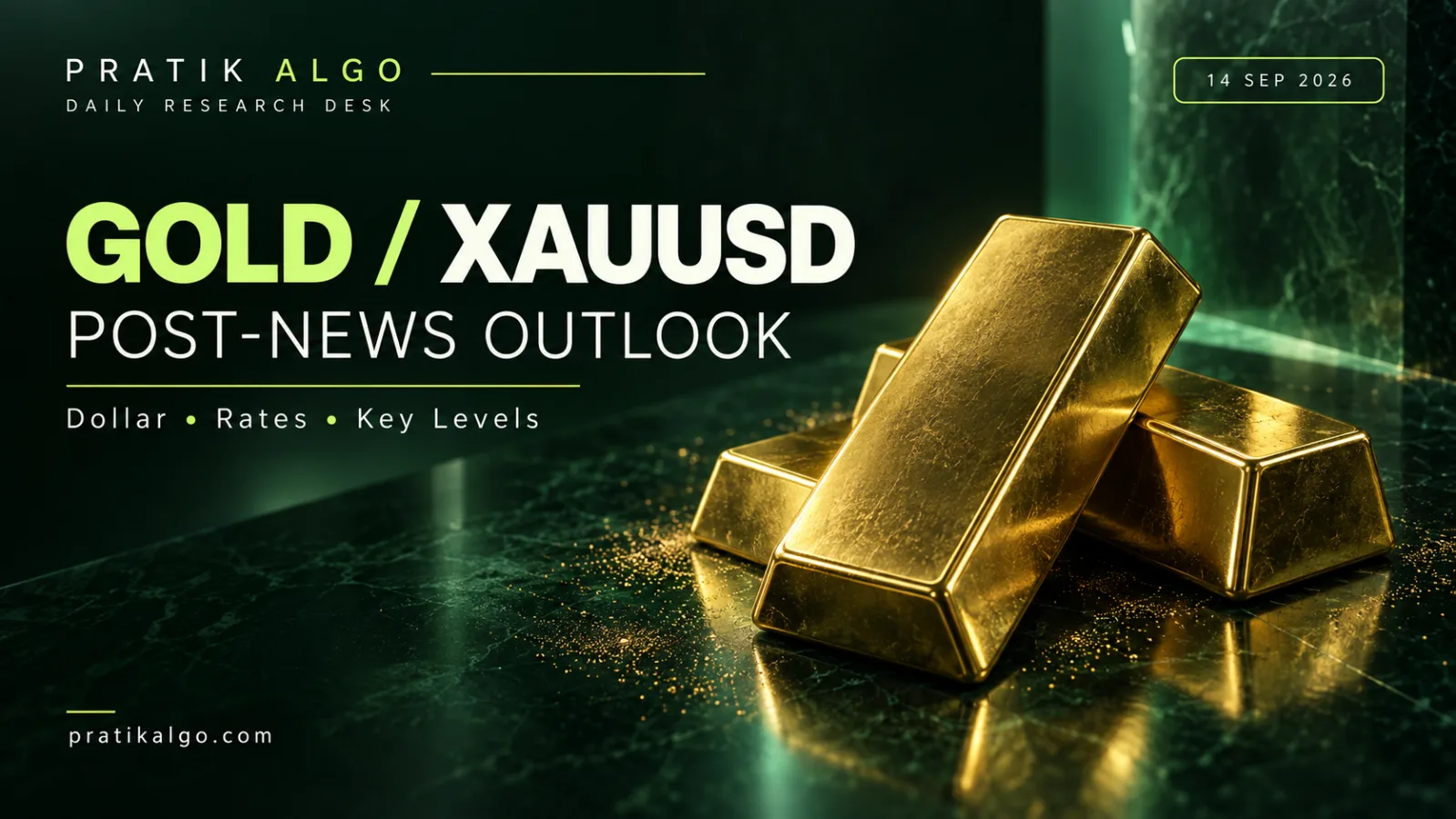 Gold bullion bars on a dark green background for Pratik Algo's XAUUSD post-news outlook dated 14 September 2026.